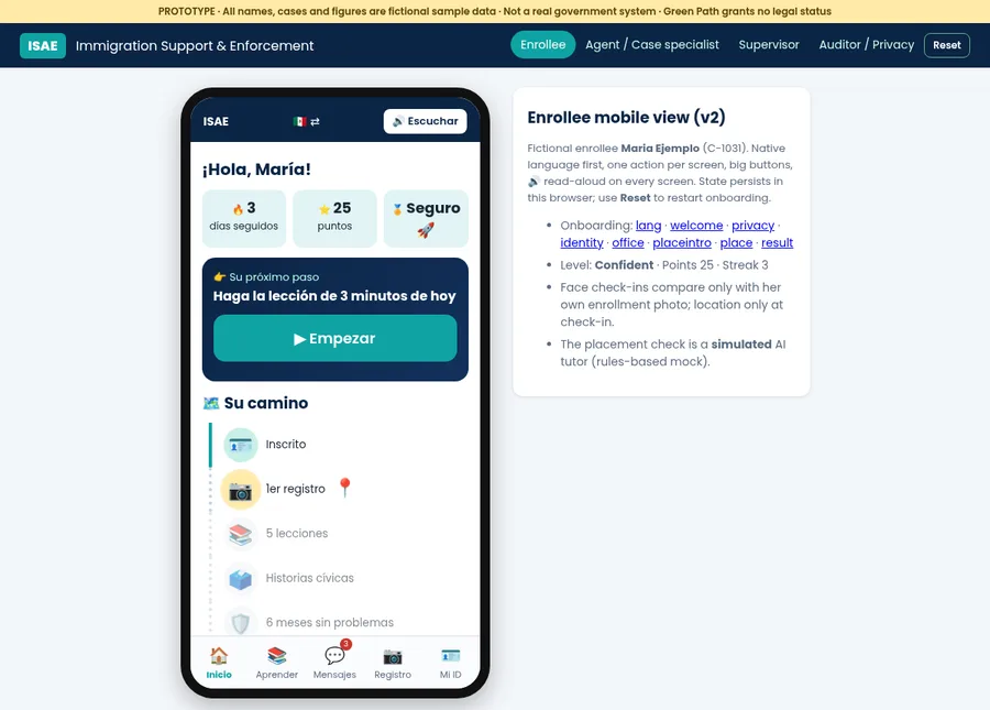 Prototype Spanish home screen with a journey map and streak