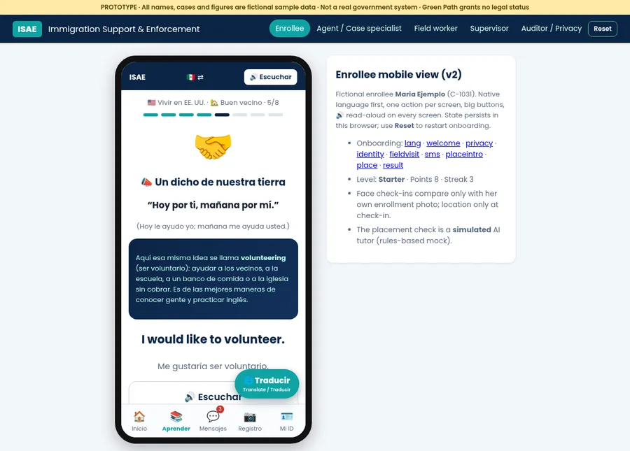 Prototype lesson screen in Spanish with a proverb and the English phrase I would like to volunteer